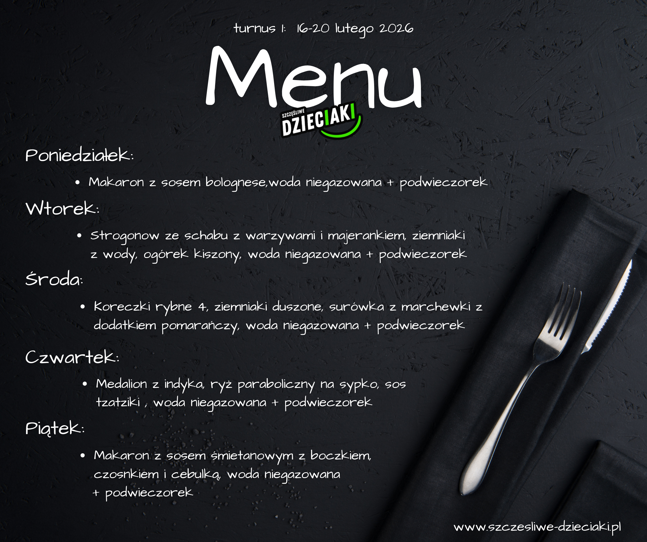 Read more about the article Menu na pierwszy turnus półkolonii zimowych w Tarnowie Podgórnym i Suchym Lesie